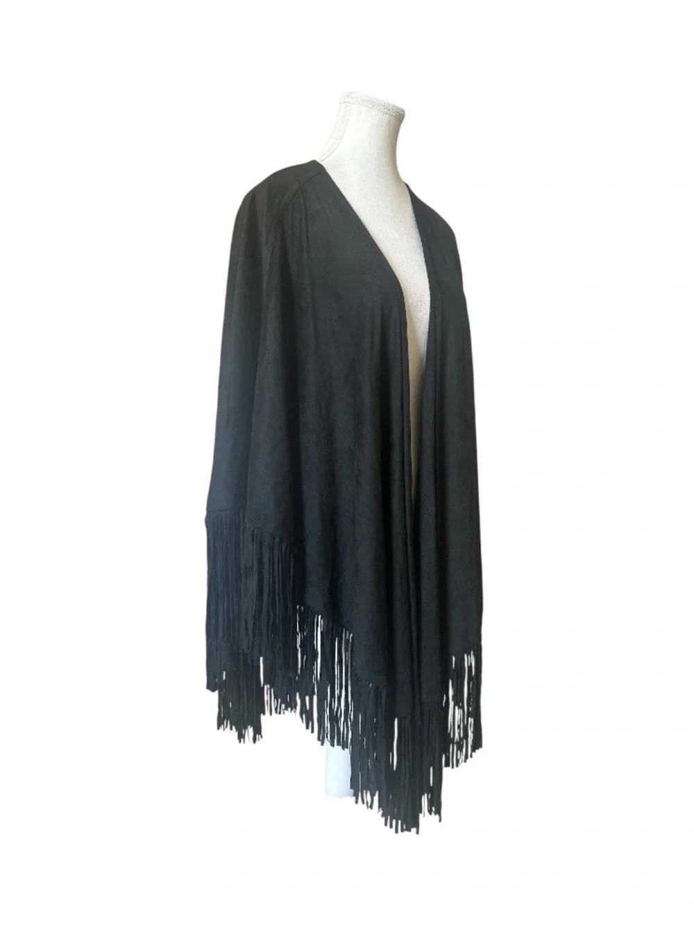 Black Faux Suede Fringe Trimmed Ruana Wrap One Size NWT
